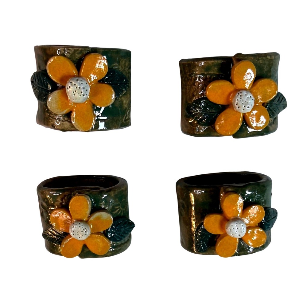 Vintage Handmade Napkin Rings Cottagecore Ceramic Floral Tablescape Set of 4